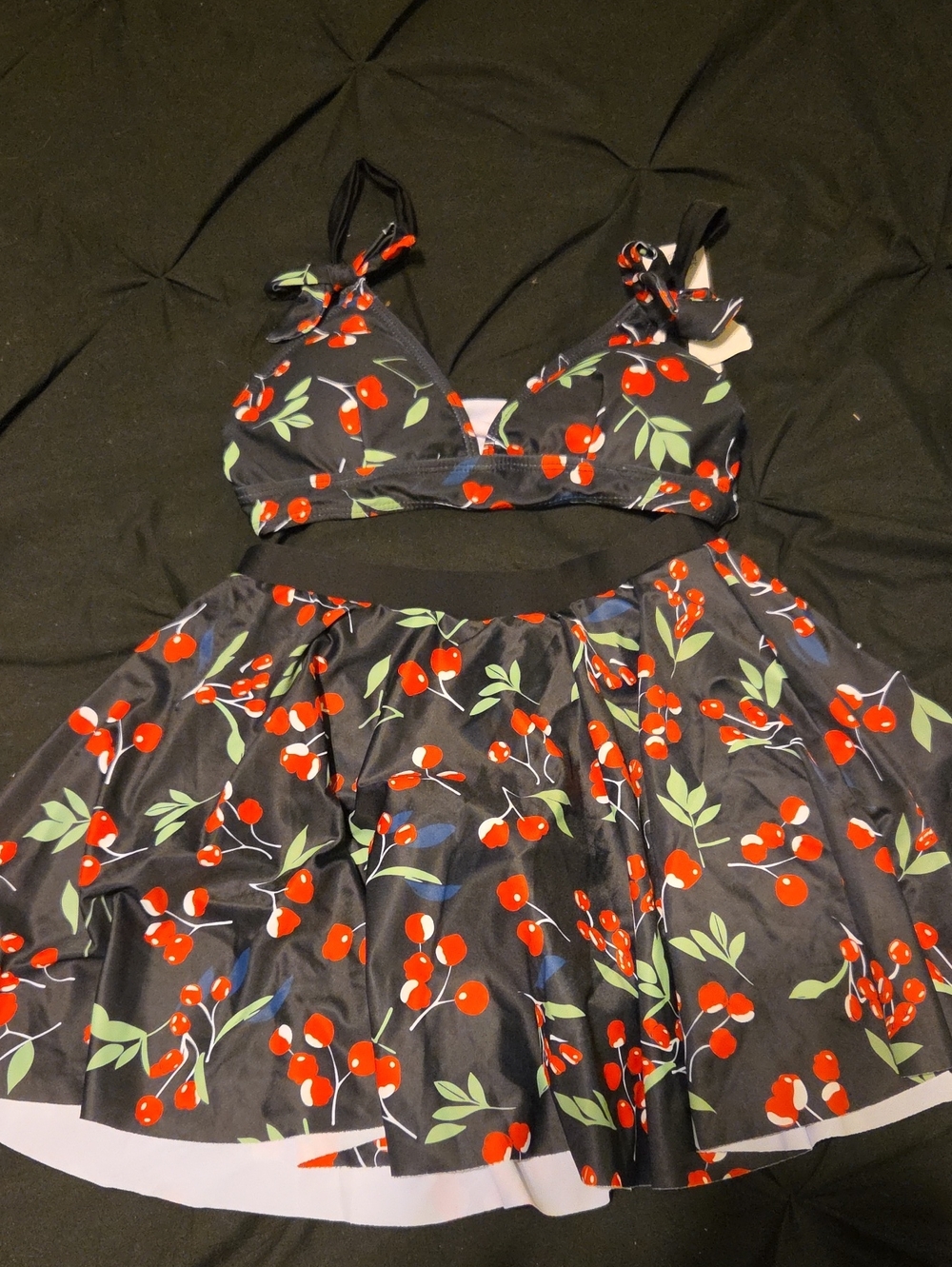 Cherry Print Bandeau Set in Black and Red - Women's Bandeau Swim Top & Skirt